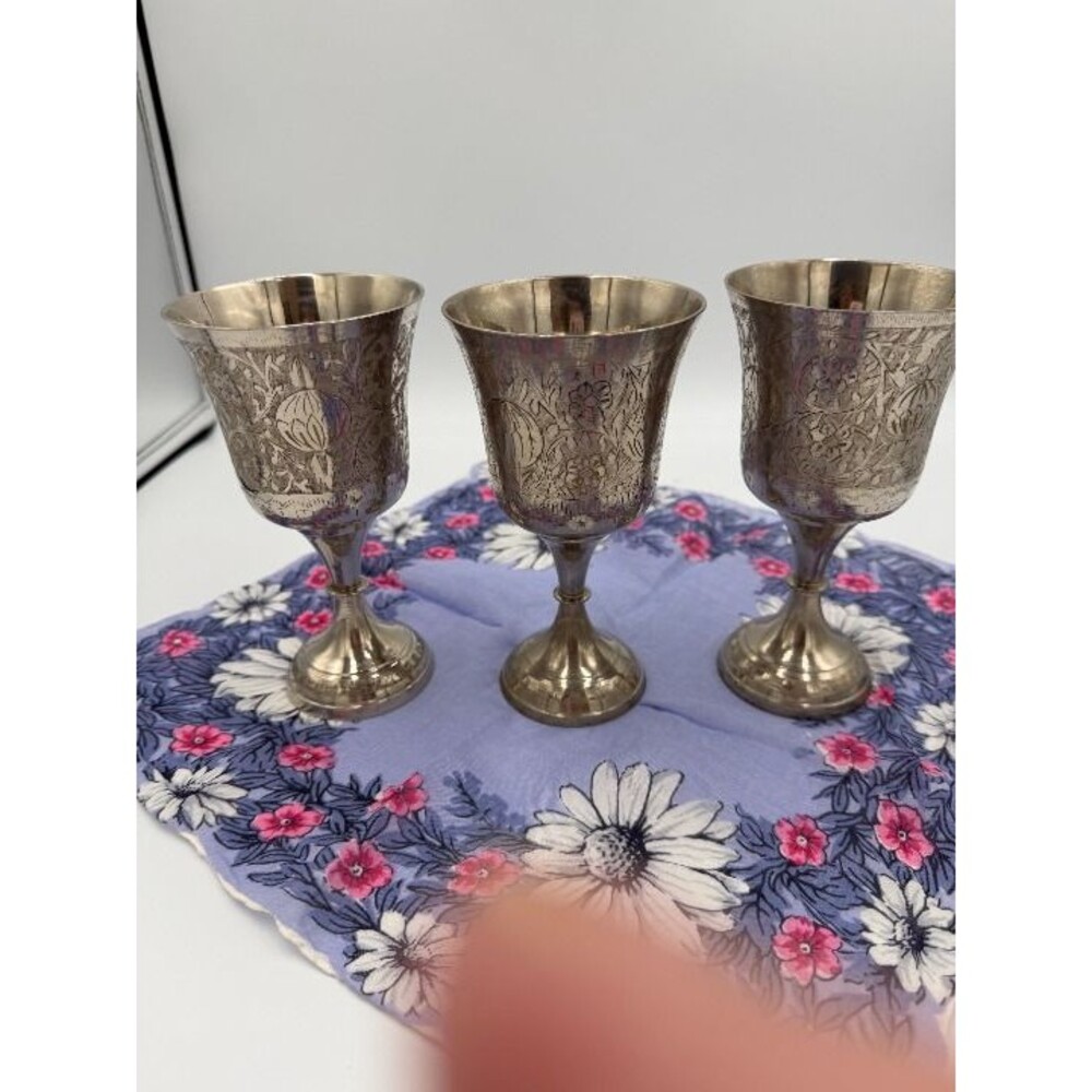 Set Of 3 World Gift ZY India Silver Plated Brass Etched Brass Goblets, 6 " tall